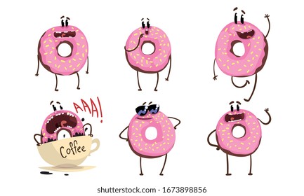 Kollektion der Schildkrötenkartoon-Figuren aus Glazed Donuts, Illustration von lustigen, humanisierten Doughnüssen mit Vektorillustration von Funny Faces