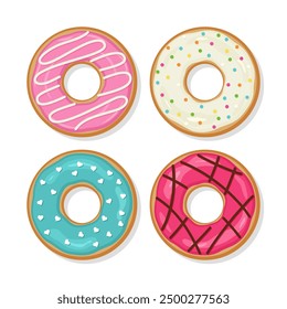 Colección de rosquillas glaseadas. Vista superior de donuts. Establece una masa dulce de cumpleaños con glaseado brillante. Postre de confitería aislado sobre fondo blanco. Diseño plano de la historieta. Ilustración vectorial.