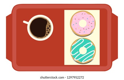 Glazed donuts and a cup of coffee in red tray vector icon