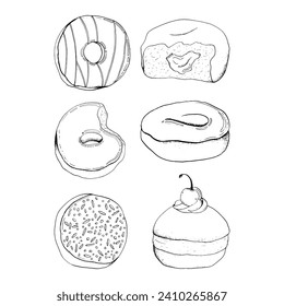 Glazed donuts with different toppings, glaze, jam, cherry and sprinkles vector black and white illustration set. Delicious round doughnuts collection