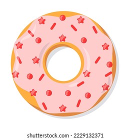 Glazed donuts flat vector illustration. Simple trendy doughnuts with pink cream topping, sweet food from dough isolated on white background. Pastry concept