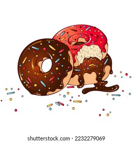 Glazed Donuts with flowing chocolate and colored sprinkles. Vector color illustrations in hand drawn cartoon style. Close up dessert isolated on white. Element for coloring book, design, print.