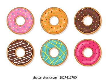 Glazed donuts with glossy icing. Top view of doughnuts. Set sweet birthday pastry. Confectionery dessert isolated on white background. Flat cartoon design. Vector illustration.