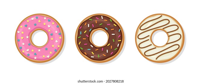 Glazed donuts with glossy icing. Top view of doughnuts. Set sweet birthday pastry. Confectionery dessert isolated on white background. Flat cartoon design. Vector illustration.