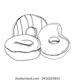 Glasierte Donuts handgezeichnet, Vektorgrafik schwarz-weiß. Köstliche runde Donuts für Backwaren und Gebäck