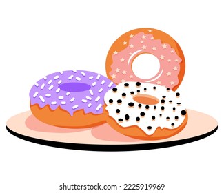 Glazed donuts on plate. Sweet food. Dessert. Vector illustration.