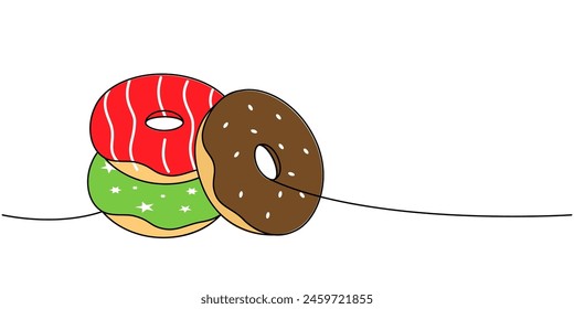 Glasierte Donuts eine Linie farbig durchgehende Zeichnung. Bäckerei süße Gebäck Essen. Lineare Darstellung der Vektorgrafik.