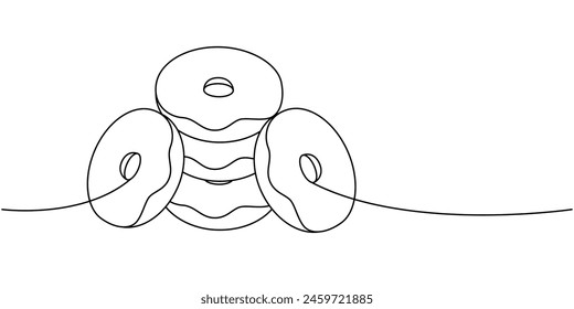 Glazed donuts one line continuous drawing. Bakery sweet pastry food. Vector linear illustration.