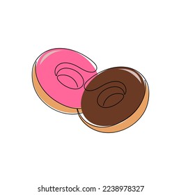 Donuts acristalados con un estilo de dibujo de una línea. Pastel dulce y delicioso. Comida rápida, concepto de panadería. Ilustración vectorial dibujada a mano.