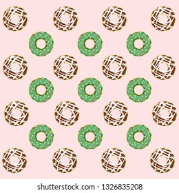 Glazed donuts pattern. Illustration isolated on pink background.