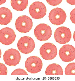 Glazed donuts with pink glaze and colored confectionery sprinkles on a white background. Seamless drawing. Vector illustration. The pattern.
