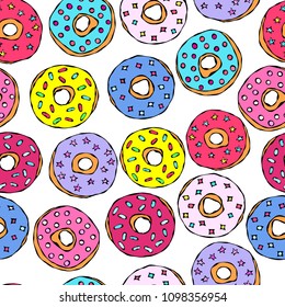Glazed Donuts Seamless Background. Fast Street Food. Realistic Hand Drawn Illustration. Savoyar Doodle Style.