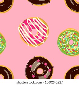 Glazed Donuts seamless pattern. Bakery Vector. Top View doughnuts into color caramel and chocolate glaze. Cute background. Cartoon style illustration.
