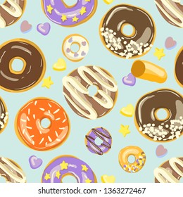 Glazed Donuts seamless pattern. Bakery Vector. Top View doughnuts into glaze. Food Cartoon style illustration.