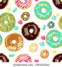 Glazed Donuts seamless pattern. Bakery Vector. Top View doughnuts into color caramel and chocolate glaze. Food Cartoon style illustration.