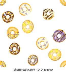 Glazed Donuts seamless pattern. Bakery Vector. Top View doughnuts into color caramel and chocolate on white background. Cartoon style illustration.