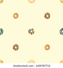 Glazed Donuts seamless pattern. Bakery Vector. Top View doughnuts into color caramel and chocolate glaze. Food background. Cartoon style illustration.