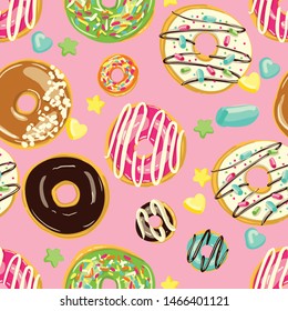 Glazed Donuts seamless pattern. Bakery Vector. Top View doughnuts into glaze. Food Cartoon style illustration.