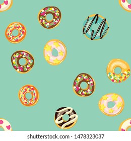 Glazed Donuts seamless pattern. Bakery Vector. Top View doughnuts into color caramel and chocolate glaze. Sweet Food background.