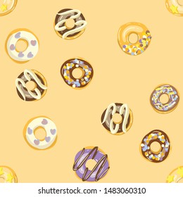Glazed Donuts seamless pattern. Bakery Vector. Top View doughnuts into color caramel and chocolate glaze. Sweet Food background.