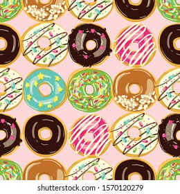 Glazed Donuts seamless pattern. Bakery Vector. Top View doughnuts into glaze. Food background. Cartoon style cute illustration.