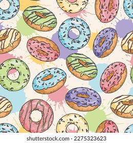 Donuts acristalados, sin fisuras, coloridos con productos hechos de masa frita y crema de fruta para la panadería fresca ilustración vectorial