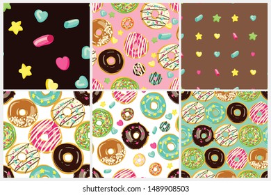 Glazed Donuts seamless pattern set. Bakery Vector. Top View doughnuts into color caramel and chocolate glaze. Cartoon style illustration collection.
