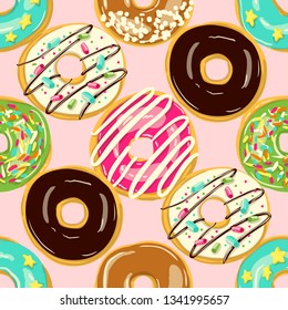 Glazed Donuts seamless pattern. Vector illustration. Top View doughnuts into color caramel and chocolate glaze. Food textile print or wallpaper