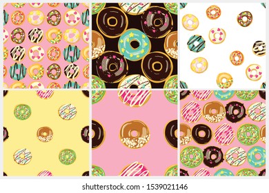 Glazed Donuts seamless patterns. Bakery Vector collection. Top View doughnuts into color caramel and chocolate glaze. Food background set.