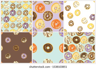 Glazed Donuts seamless patterns. Vector collection. Doughnuts into color caramel and chocolate glaze. Food background. Cartoon style illustration.