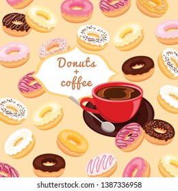 Glazed donuts set and cup of coffee on a yellow background. Donuts and coffee