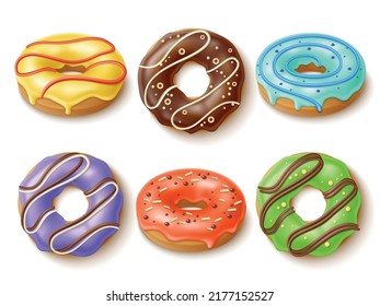 Glazed donuts set. Realistic sweet cakes with different toppings and flavors, sweet dessert pastries, tasty bakery products, chocolate and pink, utter vector isolated 3d objects