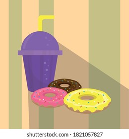 Glazed donuts with soda glass. Bakery food - Vector