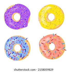 glazed donuts with sprinkles multicolored vector element set, tasty food 