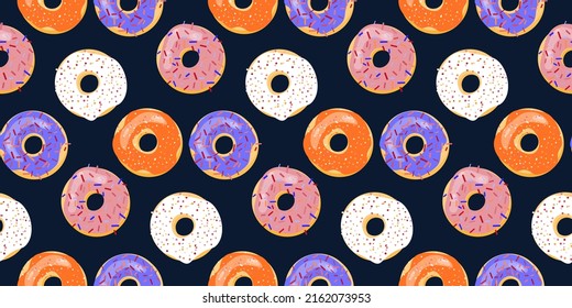 glazed donuts with sprinkles, seamless vector pattern, isolated on dark background, junk food print