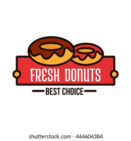 Glazed donuts symbol of linear doughnuts with chocolate and fruity frosting, supplemented by red banner with caption Best Choice. Donut shop, bakery or cafe design template for food packaging