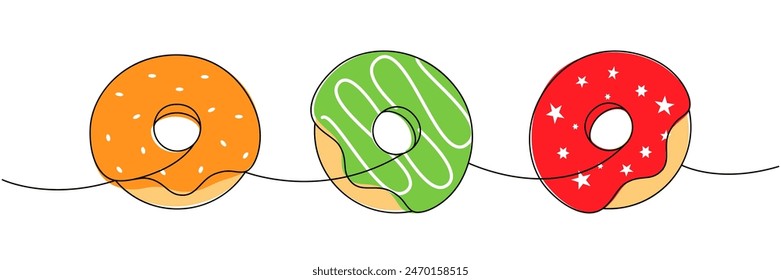 Glasierte Donuts. Nimm Donuts eine Linie farbige durchgehende Zeichnung weg. Bäckerei süße Gebäck Essen. Lineare Darstellung der Vektorgrafik.