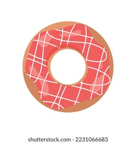 Glazed doughnut icon. Donut in red glaze with white minimalistic patterns. Poster or banner for website. Stylish logotype for company, branding. Cafe or bakery menu. Cartoon flat vector illustration