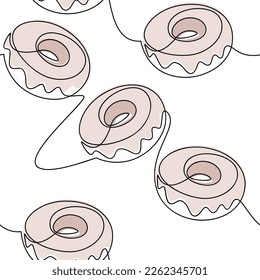 Glazed doughnut icon seamless pattern. One line continuous drawing vector. Bakery shop backdrop. Linear wallpaper, cartoon background, print, wrapping paper, package design, card, banner.