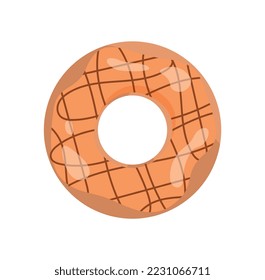 Glazed doughnut icon. Sticker for social networks and messengers. Donut in beige glaze with chocolate pattern. Sweetness, dessert and delicacy. Cafe and fast food. Cartoon flat vector illustration