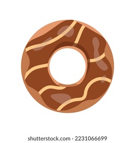 Glazed doughnut icon. Sweetness in chocolate icing. Promotional graphic element for website. Sweetness, harmful, but tasty flour products. Bakery and cafe menu. Cartoon flat vector illustration