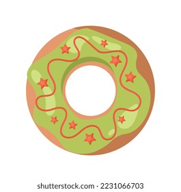 Glazed doughnut icon. Symbol of festival and party, anniversary and birthday. Sticker for social networks and instant messengers. Flour products in green glaze. Cartoon flat vector illustration