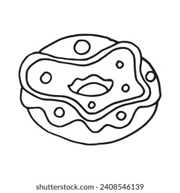 Glazed doughnut outline illustration, and simple sweet and tasty fast food dessert logo. Hand drawn sugar bakery  product. Original and sweet glazed pastry. Pen drawn donut silhouette isolated symbol