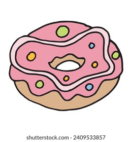 Glazed doughnut outline illustration, and simple sweet and tasty fast food dessert art logo. Hand drawn sugar bakery  product. Original and sweet glazed pastry. Pen drawn colored donut isolated symbol