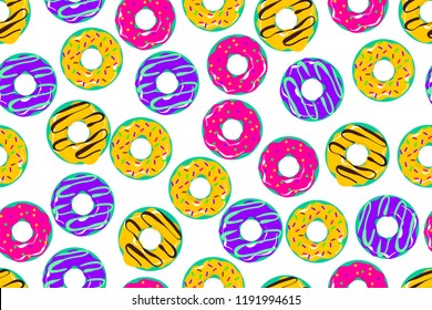Glazed doughnut seamless pattern. Colored chocolate vanilla donut. Food bakery sweet dessert pop art style. Vector colored illustration.