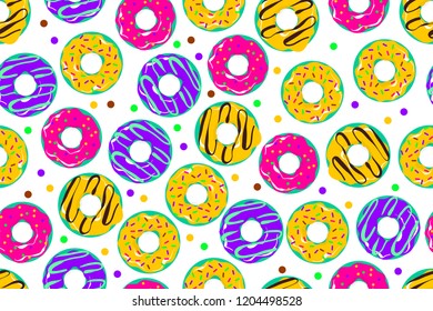 Glazed doughnut seamless pattern. Colored chocolate vanilla donut. Food bakery sweet dessert pop art style. Vector colored illustration.