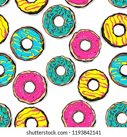 Glazed doughnut seamless pattern pop art style. Colored chocolate vanilla pink donut. Food bakery sweet dessert. Vector colored illustration.
