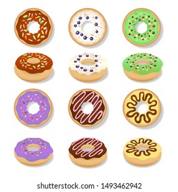 Glazed doughnut set. Isolated donuts with glaze and bite, colorful eaten chocolate icing fritters or caramel circle doughnuts