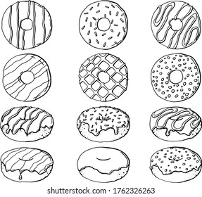 Glazed doughnut set. Isolated donuts with glaze and bite, eaten chocolate icing fritters or caramel circle doughnuts