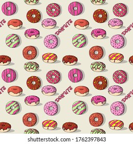 Glazed doughnut set. Isolated donuts with glaze and bite, colorful eaten chocolate icing fritters or caramel circle doughnuts